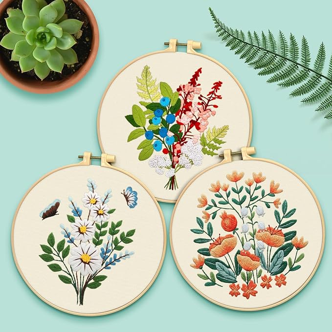 ERKOON 5 Sets Embroidery Kit for Beginners, Butterfly Cross Stitch Set for Include Embroidery Cloth Hoops Threads for Craft Lover Hand Stitch (Bouquet)