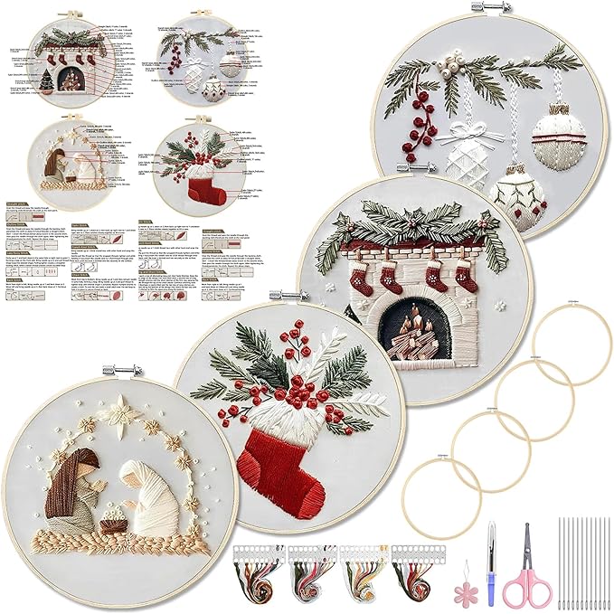 wkalxj 4 sets embroidery kits for beginners adults, cross stitch kits, needlepoint kits with instruction, video, needle point kits with holly fireplace stocking nativity patterns (4 sets a)