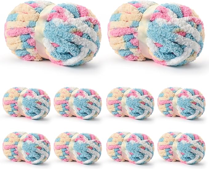 10 Pack Jumbo Chunky Yarn for Hand Knitting, Fluffy Variegated Chunky Chenille Yarn for Crocheting, 240yds/70.5oz Super Bulky Soft Crochet Baby Blanket Yarn(Candy)