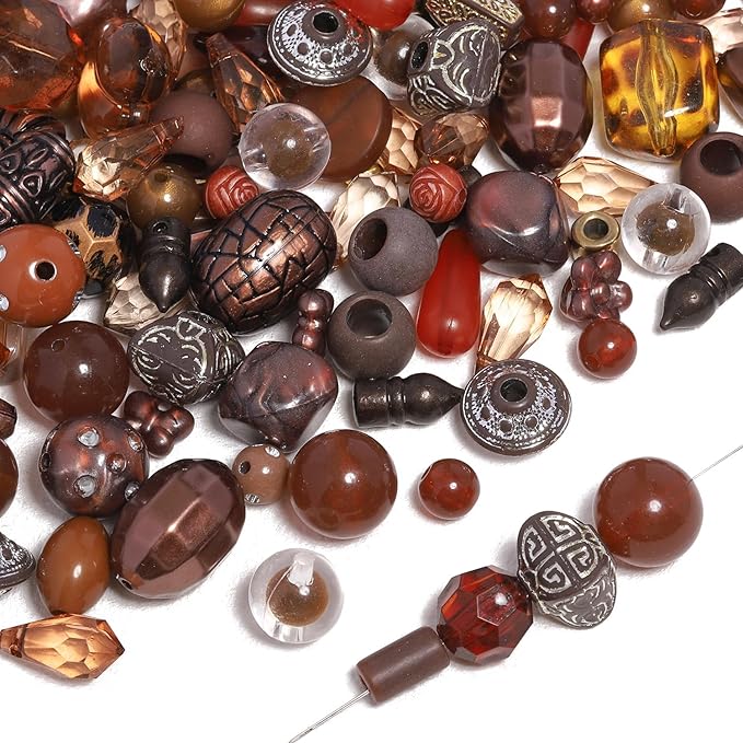 7.5 OZ Assorted Vintage Acrylic Beads for Jewelry Making, Song Xi Unique Flower Rose Czech Beads for Bracelet Earrings, Bohemia Style, Bulk, DIY Holiday Gift (240-260 PCS, Deep Coffee)