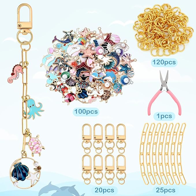 Tondiamo 266 Pieces Ocean Keychain Making Kit Seashell Summer Beach DIY Charm Jewelry Chain Making Crafts with 120 Charms 20 Keychain Clip 120 Jump Rings 25 Extender Chain Plier for Women Gift