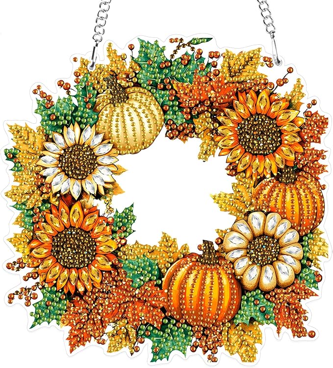 MXJSUA Halloween Special Shaped Hanging Pumpkins Wreath Diamond Painting Art Kits for Adults, Crystal Rhinestone Acrylic Gem Art Sunflowers Pendant Ornaments Kit for Home Decor and Gift 7.7*7.7 Inch