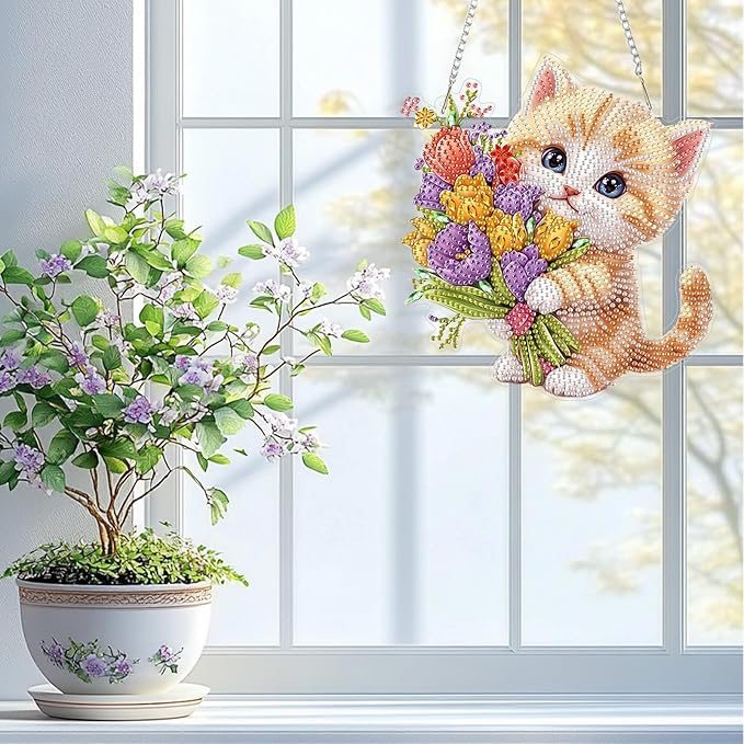 QENSPE Cute Cat Diamond Art Hanging Kits for Adults, 5D Special Shape Diamond Paingting Ornaments Kits with Chain, DIY Flowers Crystal Window Pendants for Home Garden Wall Decor Double Sided 8X8 inch
