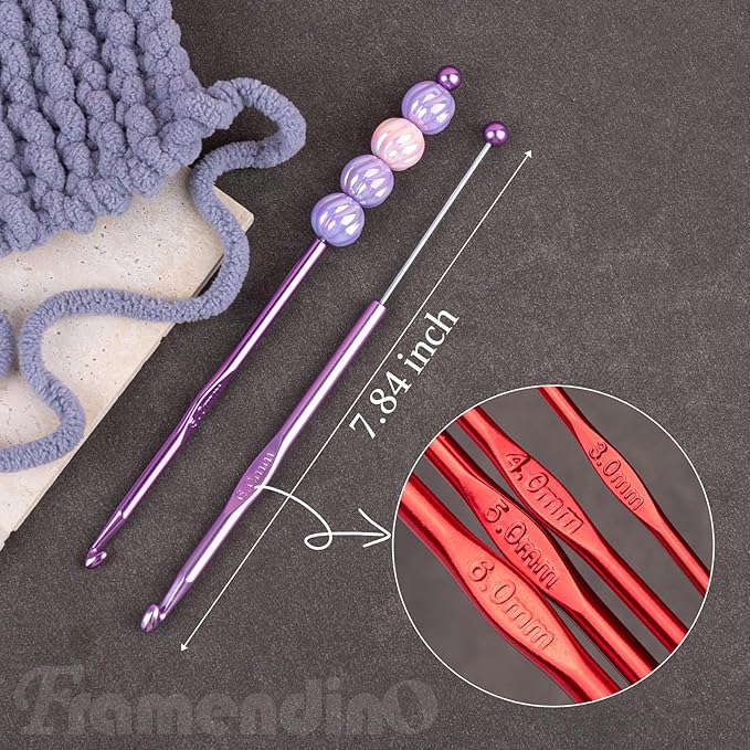 Framendino, 24 Pack Beadable Crochet Hooks 3 mm 4 mm 5 mm 6 mm Aluminum Knitting Needles Set for Crocheting Yarn 6 Colors