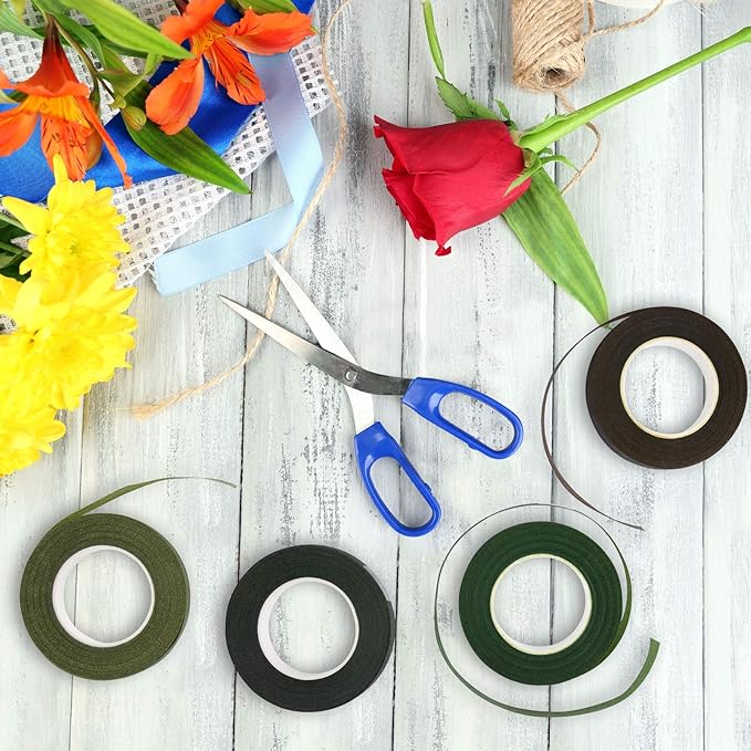 KUUQA 4 Rolls 1/2" Wide Floral Tapes for Bouquet Stem Wrapping and Floral Crafts,Wedding Bouquet,Dark Green,Light Green,Grass Green,Dark Brown