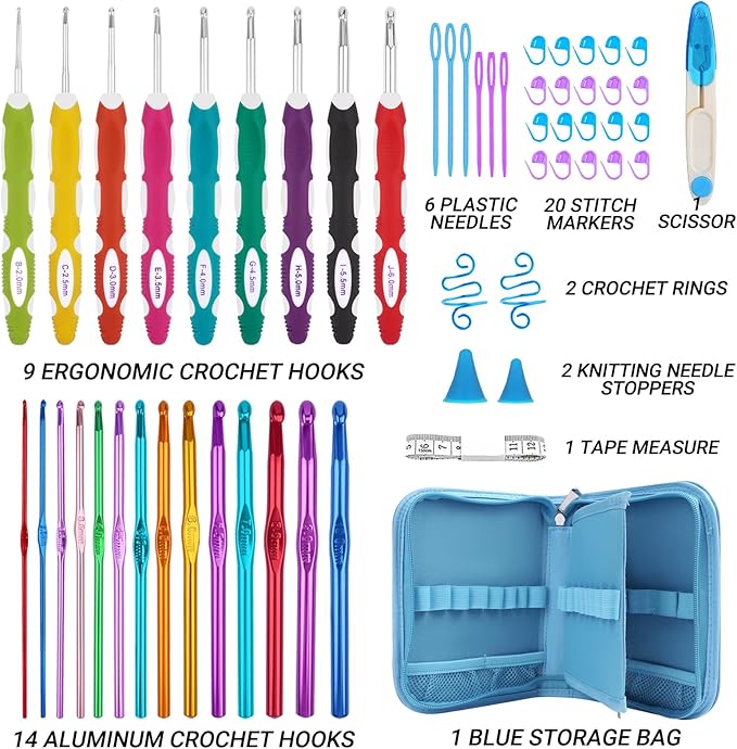 Hobekoee 23 Sizes Crochet Hooks Set with Case,2mm-10mm Ergonomic Crochet Needles for Arthritic Hands,Complete Crochet Kit for Beginners and Experiencer