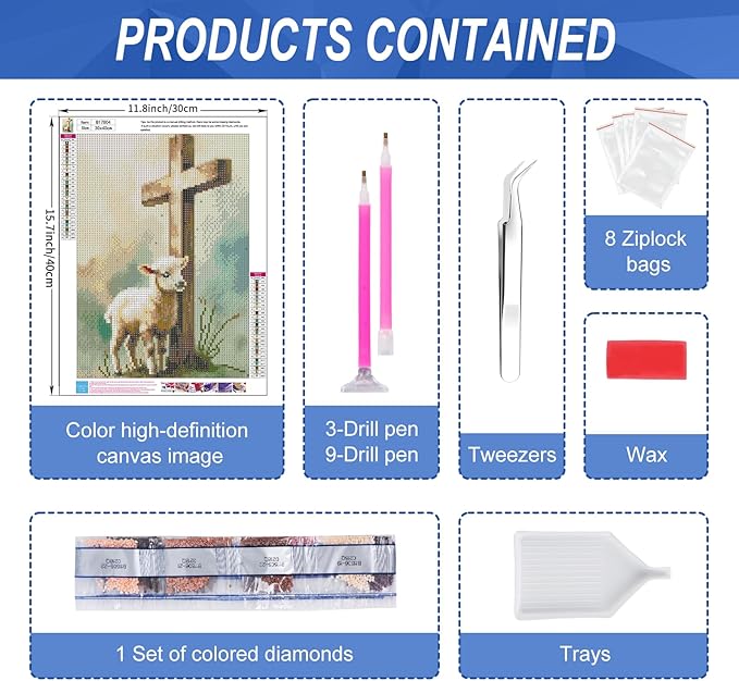 Camocin Diamond Art Kits for Adults Cross, 5D Religious Christian Diamond Painting Kits for Adults Beginners, DIY Sheep Full Round Dots Drill Gem Art Kit for Gift Home Wall Decor 12 x 16 Inch