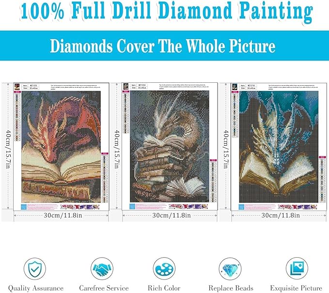 Meothan 3 Pack Diamond Art Kits for Adults, Dragon Book Diamond Painting Kits for Adults, 5D DIY Round Drill Gem Art Paint with Diamonds Dots Crafts Kits for Home Decor Gift 12x16inch