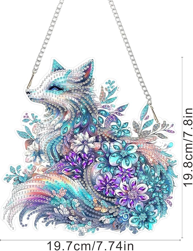 SENQAO Fox Hanging Diamond Art Painting Kits for Adults Beginners, 5D Special Shape Diamond Art Kits, Fox Flower Crystal Rhinestones Diamond Gem Art Painting for Home Garden Wall Decor