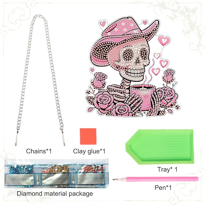 AiYuanzsh DIY 5D Diamond Art Hanging Rose Skull, Pink Skeleton Wall and Door Pendant, Diamond Painting Ornament with Rhinestones for Halloween, Western, Valentine’s Day Home Decor