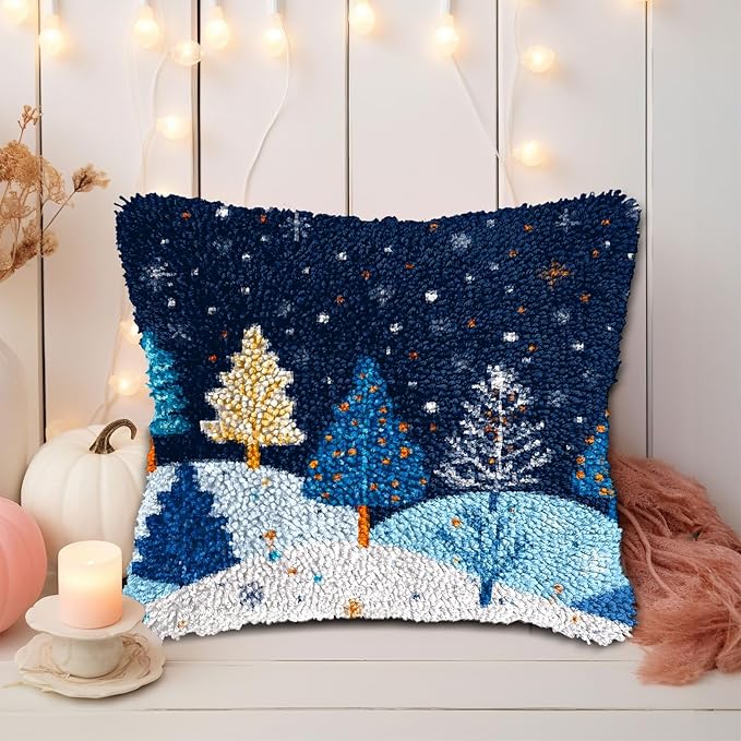 DIY Latch Hook Pillow Kits for Adults Merry Christmas Winter Snow Pine Tree Pillow Cover Printed Pillowcase Crochet Yarns Hooking Handmade Cushion for Home Sofa Decoration 17x17inch(5)