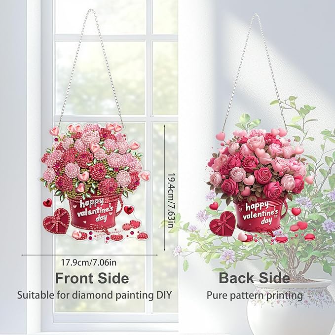 TOSTOG Diamond Art Hanging Kits for Adults, Flower Diamond Painting for Adults Window Pendant, Valentine Special Shape Diamonds Diamond Painting Hanging Pendant Kit for Wall Home Decor Gift