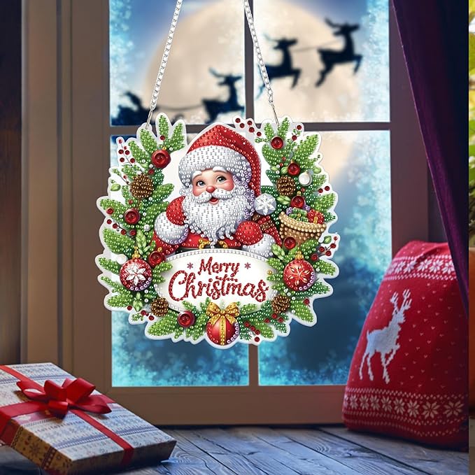 Bowetile Christmas Diamond Art Hanging Kits for Adults, Diamond Art Suncatchers Santa Claus, 5D Special Shape Diamond Painting Pendant Window Ornament Christmas Gifts for Home Door Wall Decor