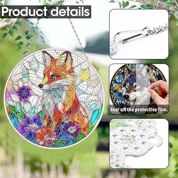 SKRYUIE Fox Hanging Diamond Art Kits for Adults Pendant Suncatcher, Special Shaped Crystal DIY Pearl Diamond Painting Kit, Gift for Mother Spring Summer Window Wreath Decor 7.48 x 7.32 Inch A35