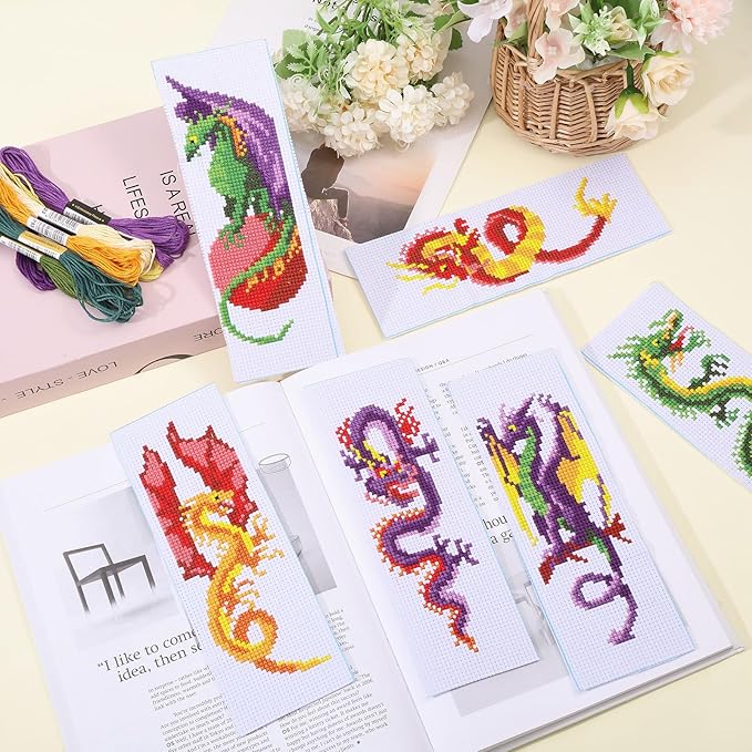 ORIGACH 6 Pcs Cross Stitch Bookmark Kit for Beginner Dragon Pattern Stamped Embroidery Stitch Kits for Starter DIY Bookmarks Printed Cross Stitch Kits with 13 Colors Embroidery Floss