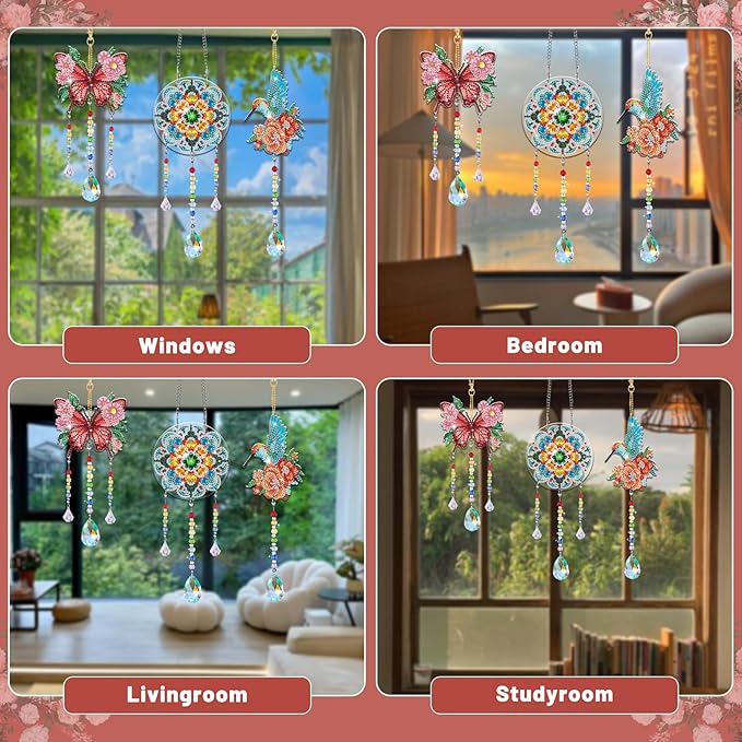 Arts and Crafts for Girls Ages 6-12, DIY Diamond Painting Kits for Kids Teens Adults, Birthday Gifts for 6 7 8 9 10 11 12 Year Old Girls, Butterfly Flower Bird Wind Chimes for Home Garden Decor
