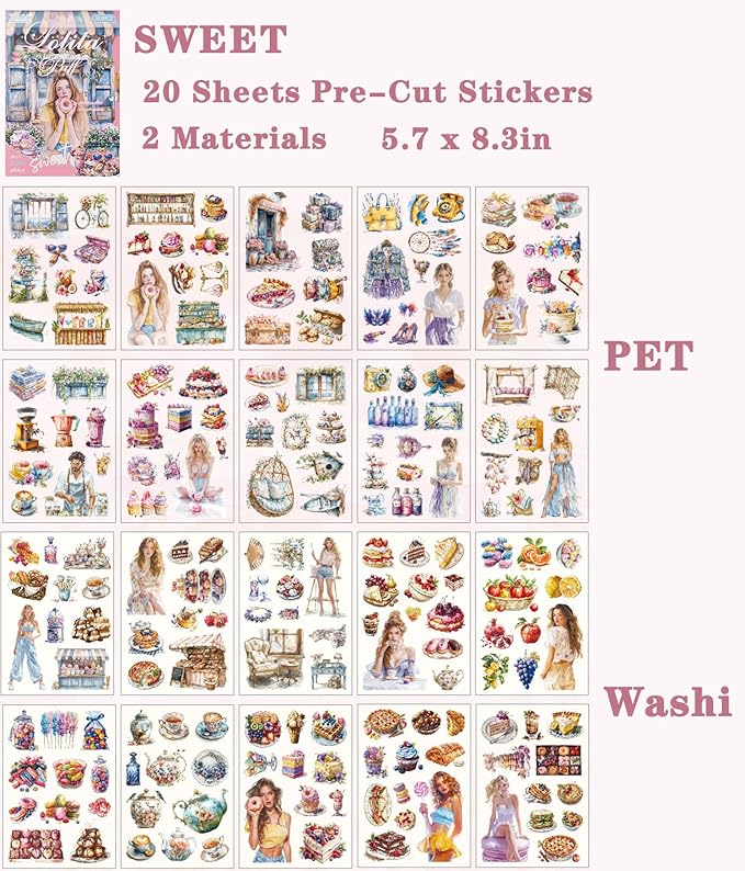 Stickers for Journaling, 20 Sheets Sweet Dessert Junk Journal Sticker, PET Washi Materials Scrapbooking Supplies for Adults, People Women Transparent Decorative Art Crafts