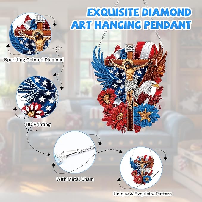 Bowetile Independence Day 5D Diamond Art Hanging Jesus Kits for Adults, 4th of July Diamond Painting USA Window Pendant Kits, Special Shape Gem Art Suncatcher Ornament for Home Wall Decor