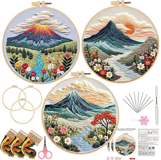 Embroidery Kit for Adults, Pre-Stamped Pattern Embroidery Kit for Beginners, DIY Hand Needlepoint Starter Kit with Hoop Thread Needle Instruction, 6.3'' Hoop (Nature Landscape 3 Packs)
