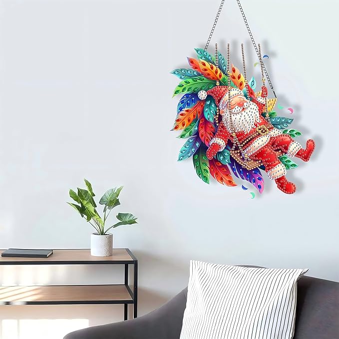 LOMSIOY Diamond Art Hanging Kit for Adult, Christmas Front Door Sign Window Ornament for Outdoor, Santa Claus Double Sided Summer Decor Suncatcers for Porch, Hanging Pendants for Garden Wall 8x8 Inch