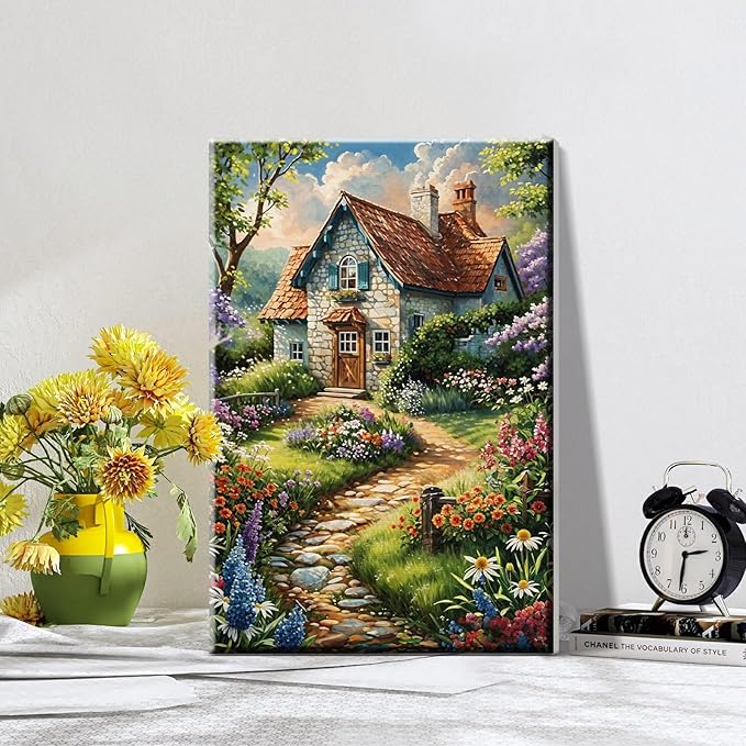ATDMS Paint by Numbers Kits for Adult with Frame DIY House Flowers Paint by Number with Easel Acrylic Landscape Oil Painting by Number for Wall Hanging Home Room Decor 7.87x11.81 Inch