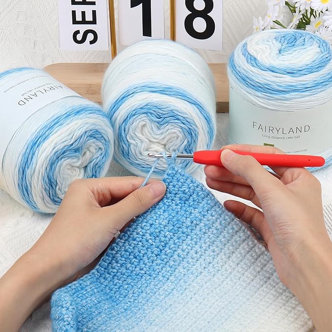 Aeelike Gradient Yarn for Crocheting, 3 Skeins Cake Yarns 100g (3.52 oz) 245m (267 Yards) # 3 Light Weight Super Soft Ombré Yarns for Making Blanket Scarves Sweaters, Blue White Gradient