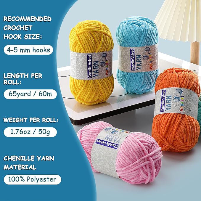 4 Pac Chenille Yarn for Crocheting - Blanket Yarn for Crocheting - Fluffy Yarn for Crochet, Baby Yarn for Crocheting Soft Blankets Weight Per Roll 50g/1.76oz, Length 60m/65yard (Light Pink)