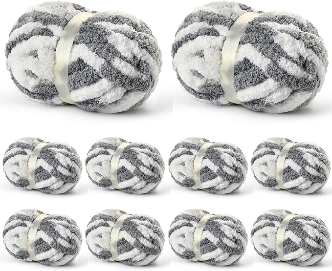 10 Pack Jumbo Chunky Yarn for Hand Knitting, Fluffy Variegated Chunky Chenille Yarn for Crocheting, 240yds/70.5oz Super Bulky Soft Crochet Baby Blanket Yarn(White- Grey)