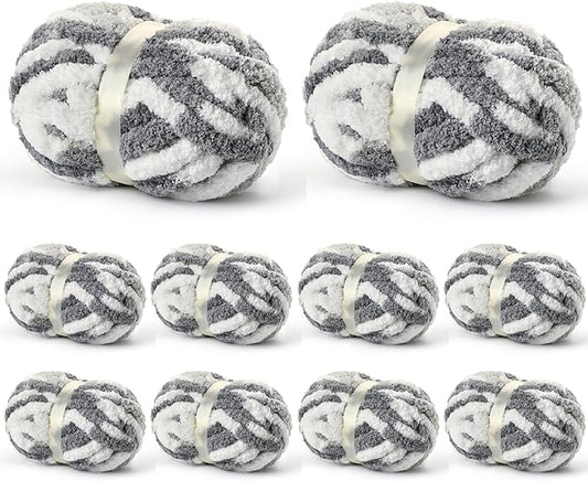 10 Pack Jumbo Chunky Yarn for Hand Knitting, Fluffy Variegated Chunky Chenille Yarn for Crocheting, 240yds/70.5oz Super Bulky Soft Crochet Baby Blanket Yarn(White- Grey)