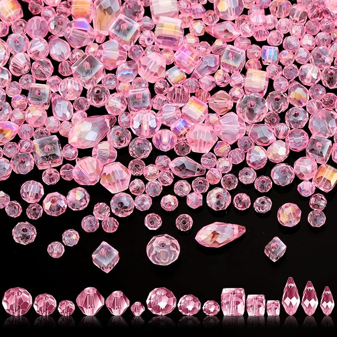 Kigeli 1280 Pcs Glass Beads Bulk Assorted Crystal Beads for Jewelry Making Faceted Teardrop Rondelle Briolette for DIY Crafts Necklace Wristband Earring Kit(Classic,Pink)