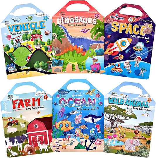 cosomia 6 set (260pcs) puffy sticker books activity for kids, animal, farm, dinosaurs, space, vehicle, ocean, 3d reusable stickers for boys and girls, travel sticker books for kids ages 3+