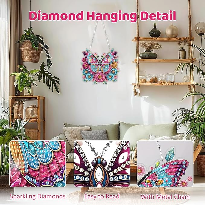 MEIYUDA Butterfly Hanging Diamond Art Kits for Adult, Flowers Butterfly Diamond Painting Hanging Kits Ornaments, DIY Special Shaped Rhinestone Window Pendants kit for Home Garden Wall Decor Gift