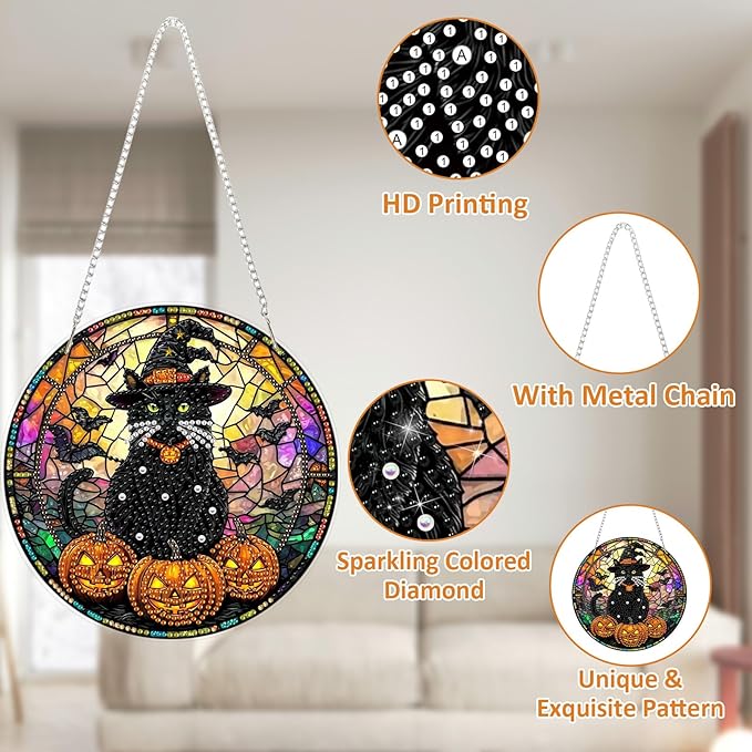 SENQAO Halloween Diamond Art Hanging Kits for Adults Beginners, DIY Acrylic 5D Special Shaped Crystal Diamond Gem Art Painting Hanging Ornament for Home Wall Decor and Gift（Black Cat Pumpkin Bat）
