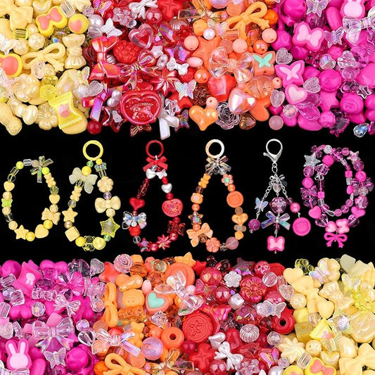 210-270PCS TINKRSTUFF Assorted Acrylic Beads, 4 Colors Mixed Cute Beads for Bracelet Making, Bow Flower GummyBear Kawaii Charms, Aesthetic Bead for Necklace Keychain Jewelry Making DIY Phone Charm