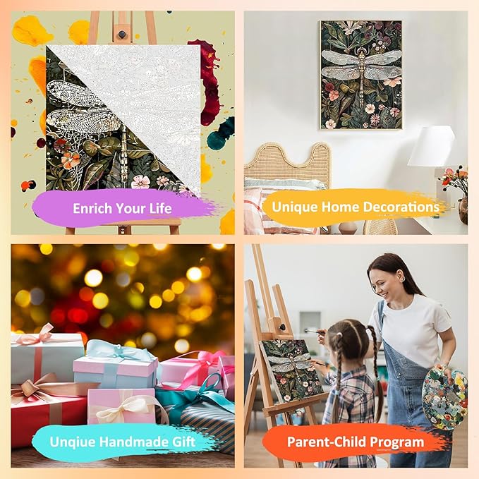 Framed Paint by Numbers Kit for Adults with Wooden Easel, Dragonfly Paint by Numbers Kit for Adults, DIY Acrylic Oil Painting Kits with Brushes Gift Box for Home Wall Decor(16x20inch)