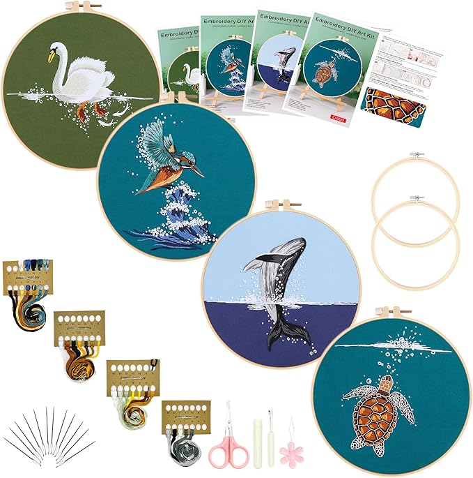 Picoey Embroidery Kit for Beginners with Animal Pattern and Instructions,4 Pack Cross Stitch Kits,2 Wooden Embroidery Hoops,Threads and Needles,Needlepoint Kit