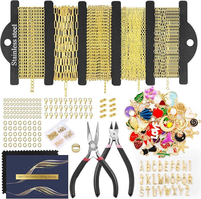 HUISUYTON 16.4 FT Gold Chain for Jewelry Making, Jewelry Making Chains Kit with Jump Rings/Lobster Clasps/Connectors/Charms/Pliers, Stainless Steel Necklace Chains for DIY Craft