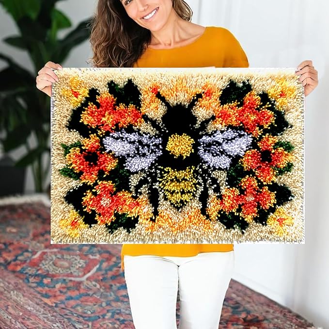Golden Bee and Flower Latch Hook Kit, Vibrant Floral Bee Rug Design for Home Décor, Nature Inspired Latch Hook Rug , DIY Rug Making Kit for Adults & Beginners, 23.6''x15.8'' (Bee & Blossoms)