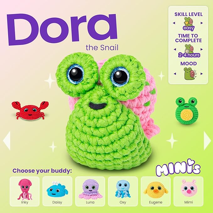 Cookie Box MINIs Crochet Kit for Beginners – Gift Set to Make Snail Dora Amigurumi Plushie – Easy DIY Crochet & Knitting Starter Kit with Printed Instructions & Step-by-Step Video Tutorial