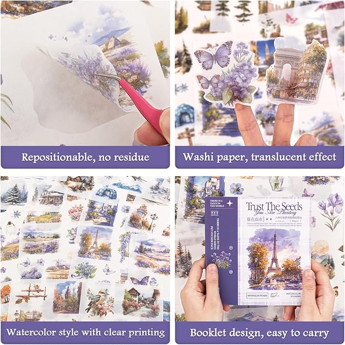 RISYPISY Pre-Cut Washi Tape Sticker 50 Sheet-388pcs Washi Stickers for Journaling Ephemera for Junk Journal Supplies for Bujo Planner Collage Crafts