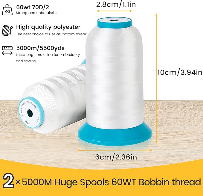 New brothread Set of 2 White Bobbin Thread/Bottom Thread 60WT Huge Spool 5000M (5500Y) for Embroidery and Sewing Machines