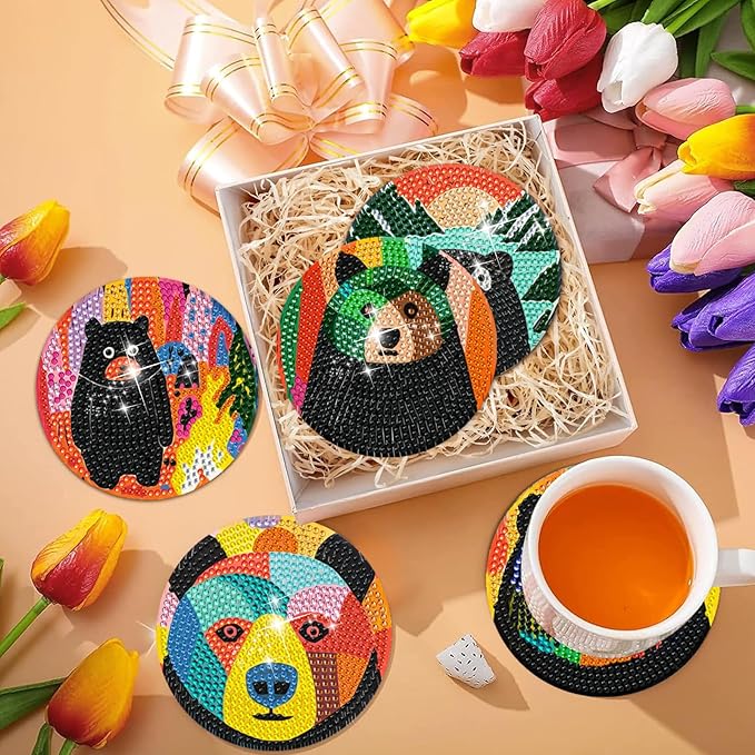 EWJRNSF 6 PCS Small Diamond Art Coasters Kits, Diamond Painting, Fall Diamond Art Kits for Adults Beginners, Arts and Crafts Item Sets with Holder for Drinks Bruin