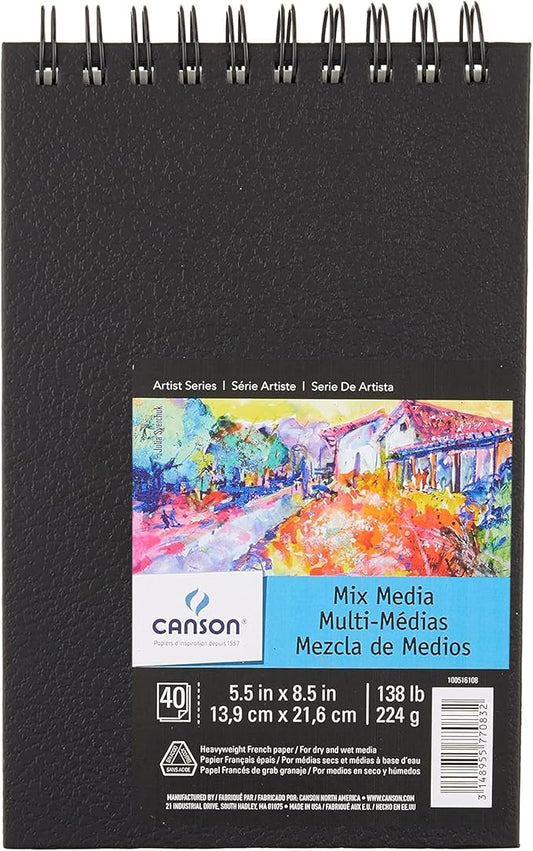 Canson Artist Series Mixed Media Paper, Wirebound Pad, 5.5x8.5 Inch, 40 Sheets (138lb/224g) - Artist Paper for Adults and Students - Watercolor, Gouache, Graphite, Ink, Pencil, Marker