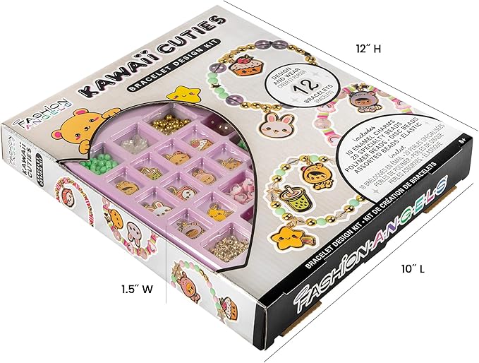 Fashion Angels Kawaii Cuties Bracelet Design Kit, Includes 10 Enamel Charms, Assorted Beads & Elastic String, Trendy DIY Jewelry Kit for Kids, Girls & Boys