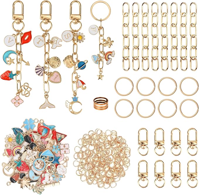 Starry 105Pcs Keychain Making Kit DIY Bag Charm Kit 30 Charms 8 Keychain Clips with Key Ring,Key Chain Kit 8 Extender Chain Swivel Snap Hooks Gold Charms 50 Jump Ring DIY Craft Supplies