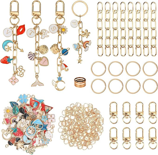Starry 105Pcs Keychain Making Kit DIY Bag Charm Kit 30 Charms 8 Keychain Clips with Key Ring,Key Chain Kit 8 Extender Chain Swivel Snap Hooks Gold Charms 50 Jump Ring DIY Craft Supplies