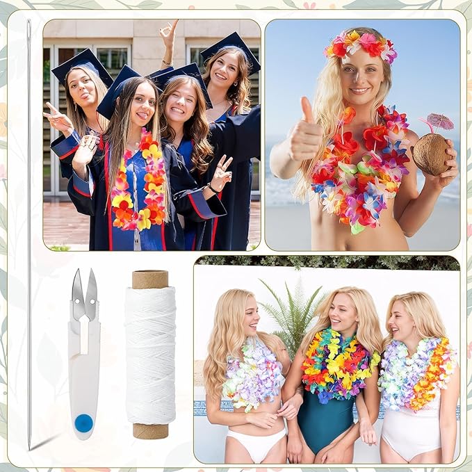 Kaiolbly 9 Pcs Lei Needle Kit, 4 Pcs 14 Inch Stainless Steel Long Lei Needle to Make Hawaiian Leis 4 Lei String 1 Sewing Scissors Lei Making Kit for DIY Graduation Hawaiian Flower Lei Wreath Accessory
