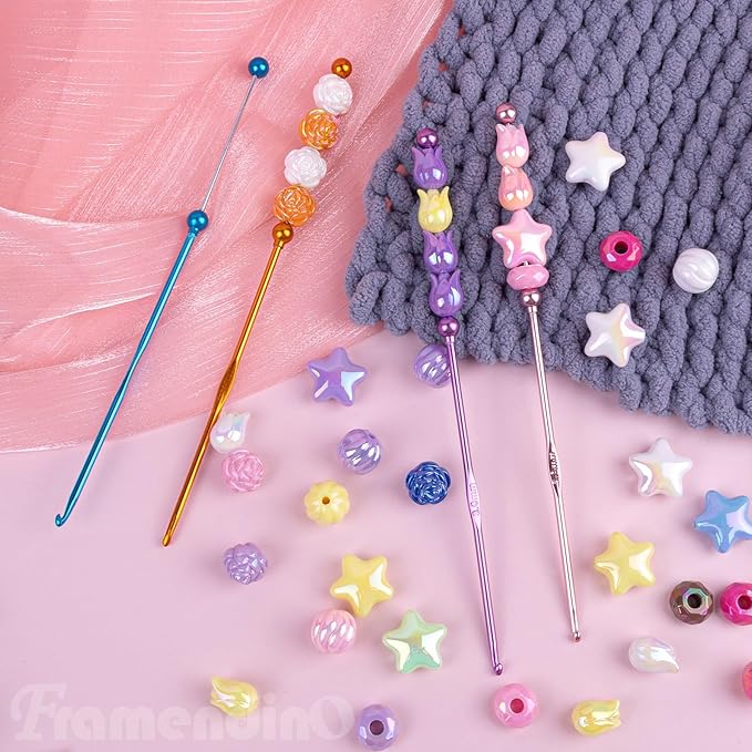 Framendino, 6 Pack DIY Beadable Crochet Hooks Knitting Needles Set Aluminum Handle 3 mm for Focal Beads Colors