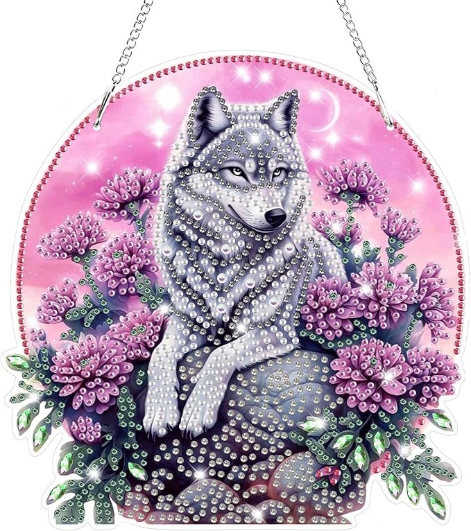 Bowetile Wolf Diamond Art Hanging Kits for Adults, 5D Special Shape Diamond Painting Flowers Pendant Kits, Gem Art Suncatchers Painting Window Ornament for Home Garden Wall Decor