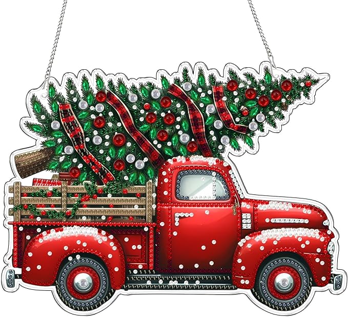 VODAPYC Christmas Diamond Art Hanging Kit for Adults, DIY Double Sided Special Shaped Diamonds Art Window Pendant Ornament for Home Decor(Red Truck)